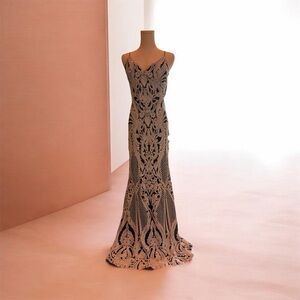 B Darlin Black and White Lace-Overlay Maxi Dress